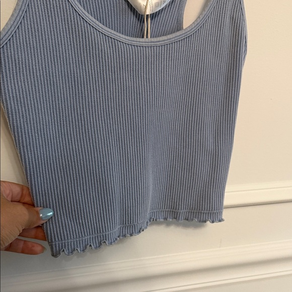 Blue Ribbed Crop Top with Ruffle Trim - Picture 4 of 5